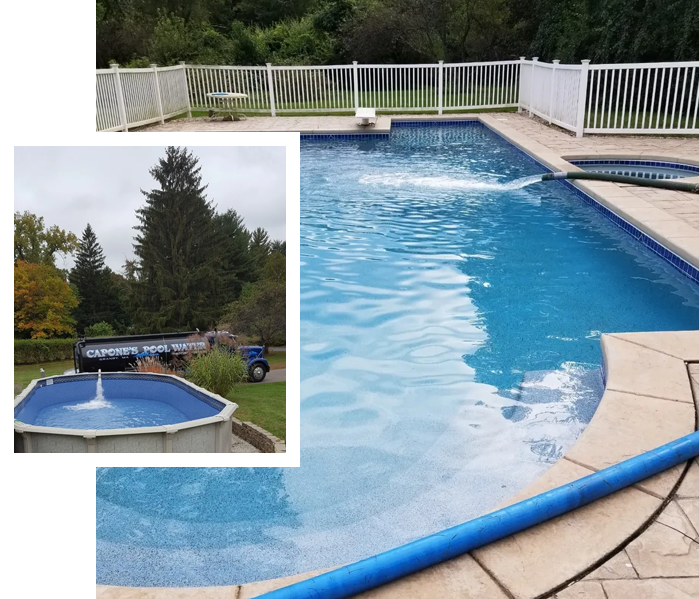 A pool with a water fountain and a fence.